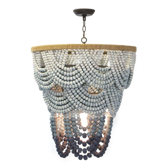 Ombre wood bead chandelier with blue gradient layers, jute-wrapped frame, 32" high.