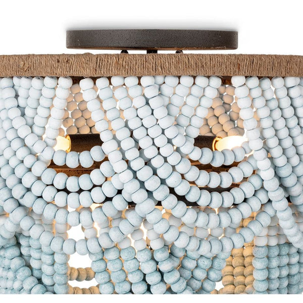 Ombre wood bead flush mount light fixture with gradient blue-white beads and a jute-wrapped frame.