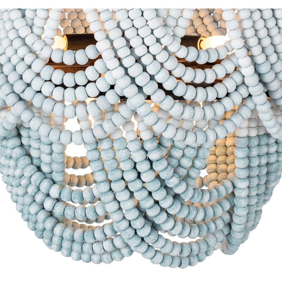Ombre wood bead flush mount light fixture with gradient blue and white beads on a jute-wrapped frame.