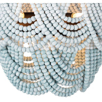 Ombre wood bead flush mount light fixture with gradient blue and white beads on a jute-wrapped frame.