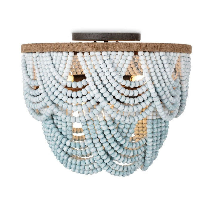 Ombre wood bead flush mount with light blue to white gradient beads and a jute-wrapped frame.