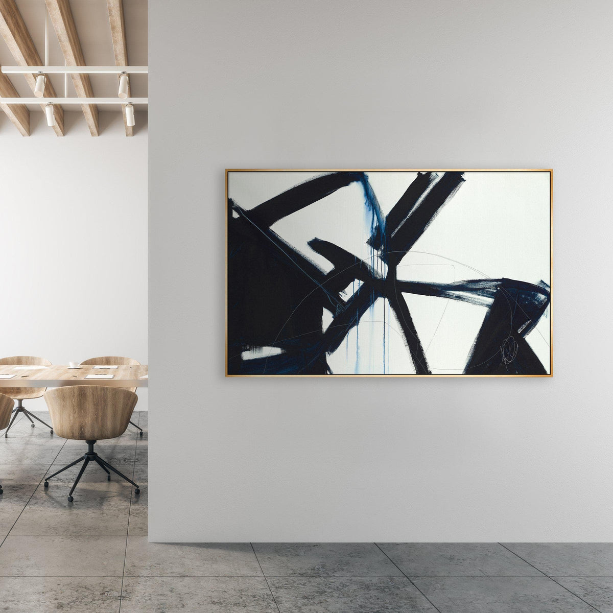 Omission Fate I Giclee Canvas Painting: Abstract black and blue brushstrokes on white, gold framed.