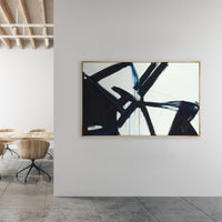 Omission Fate I Giclee Canvas Painting: Abstract black and blue brushstrokes on white, gold framed.