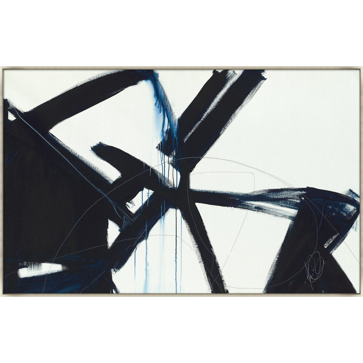 Abstract giclee canvas painting with bold black and blue brushstrokes on white, framed in light wood.