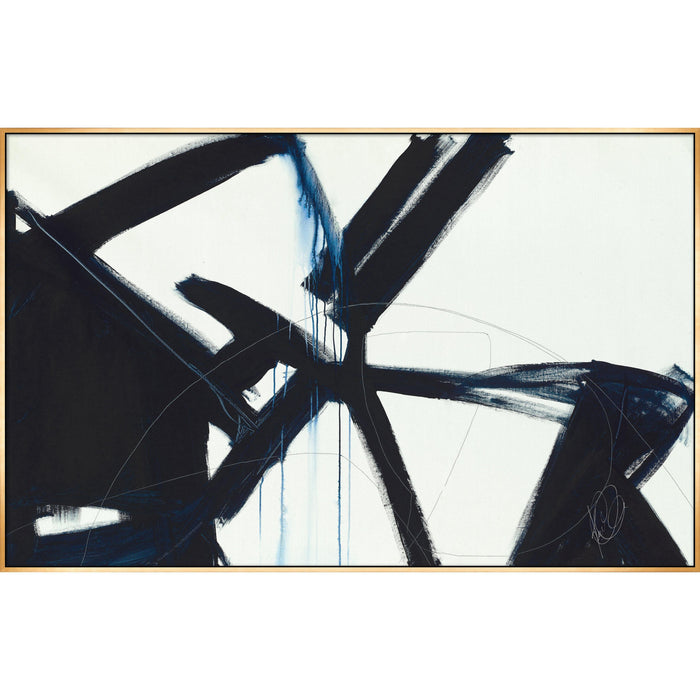 Abstract giclee canvas painting with bold black and subtle blue brushstrokes on white, framed in gold.