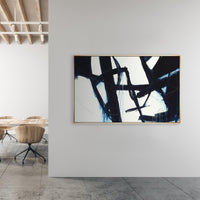 Abstract Omission Fate II giclee canvas painting with bold navy and white brushstrokes in a gold frame.