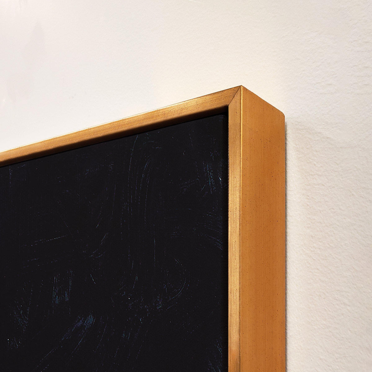 Close-up of Omission Fate II giclee canvas painting with a gold floating frame and visible brush gel finish.