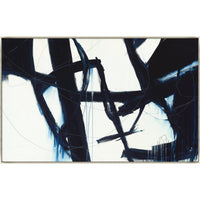 Abstract Omission Fate II giclee canvas painting with bold navy blue brushstrokes on white, framed.