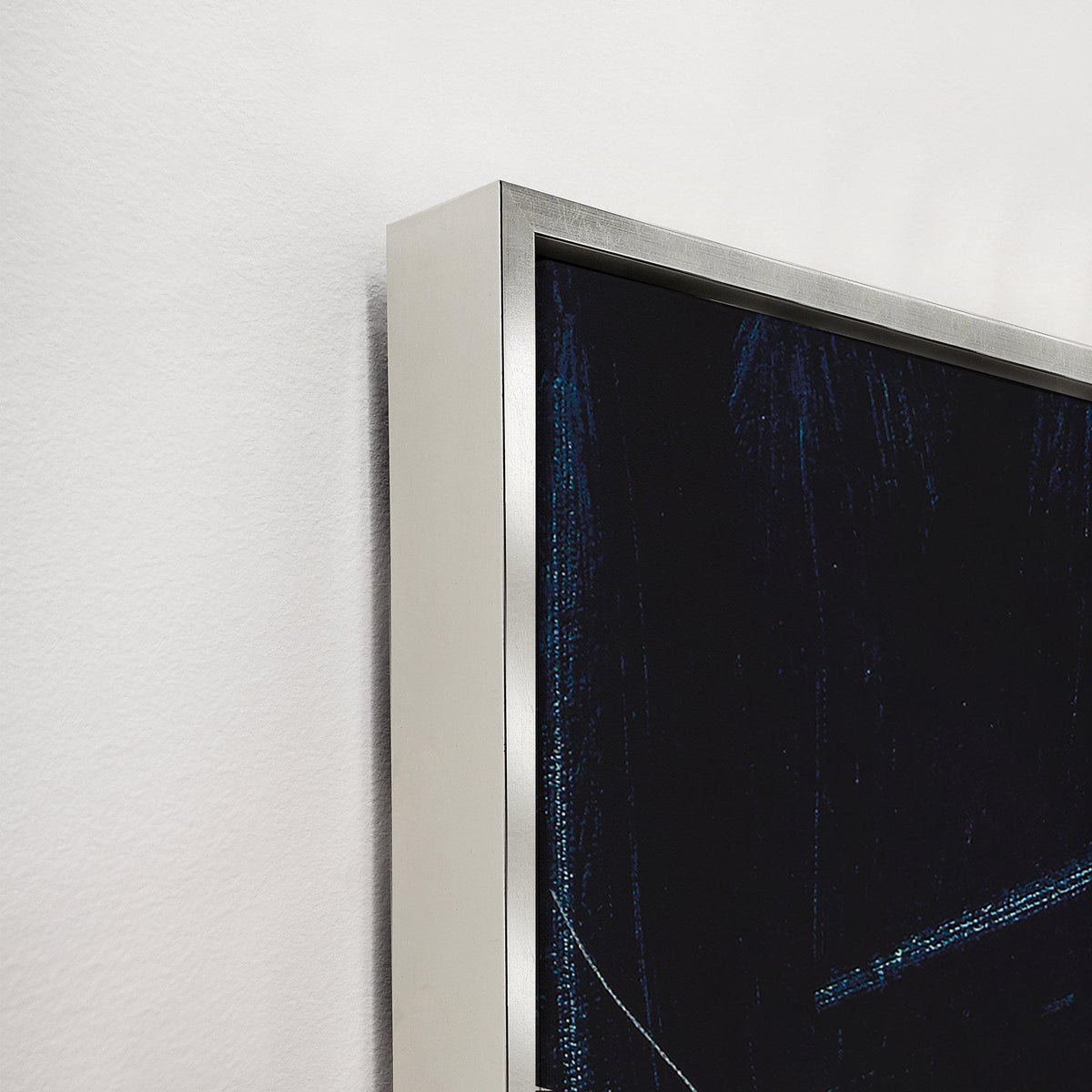 Abstract Omission Fate II giclee canvas painting with deep blue and white brushstrokes in a silver frame.