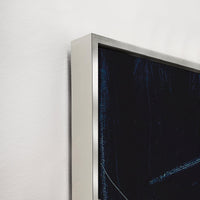 Abstract Omission Fate II giclee canvas painting with deep blue and white brushstrokes in a silver frame.