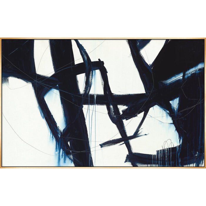 Abstract navy blue and white giclee canvas painting with brush gel finish, framed in gold.