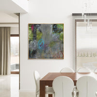 Abstract giclee canvas painting, 40x40 inches, with green, gray, and blue brushstrokes in a gold frame.