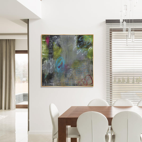 Abstract giclee canvas painting, 40x40 inches, with green, gray, and blue brushstrokes in a gold frame.