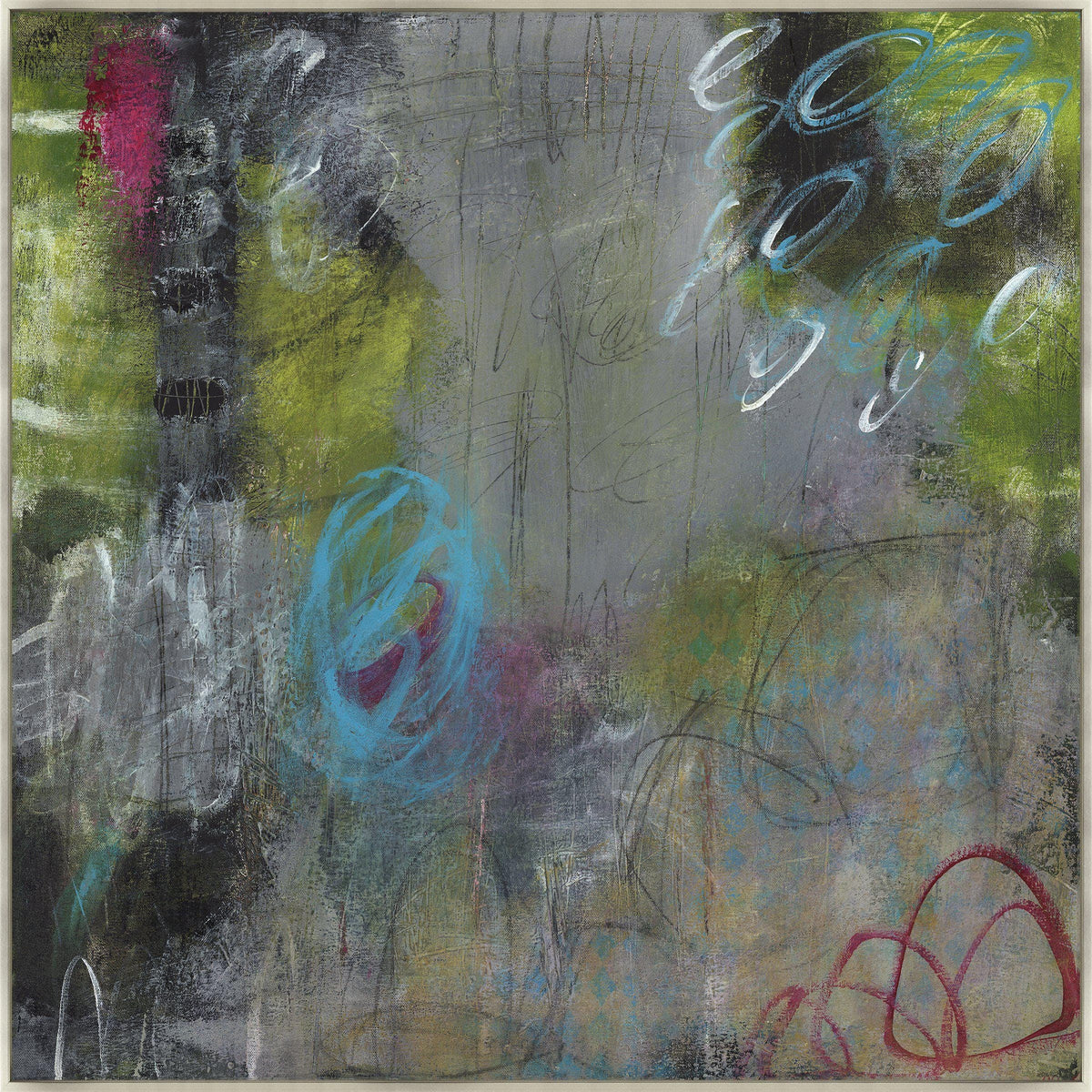 Abstract giclee canvas painting, 40x40 inches, with brush gel finish, featuring gray, green, blue, and red tones.