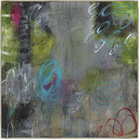 Abstract giclee canvas painting, 40x40 inches, with brush gel finish, featuring gray, green, blue, and red tones.
