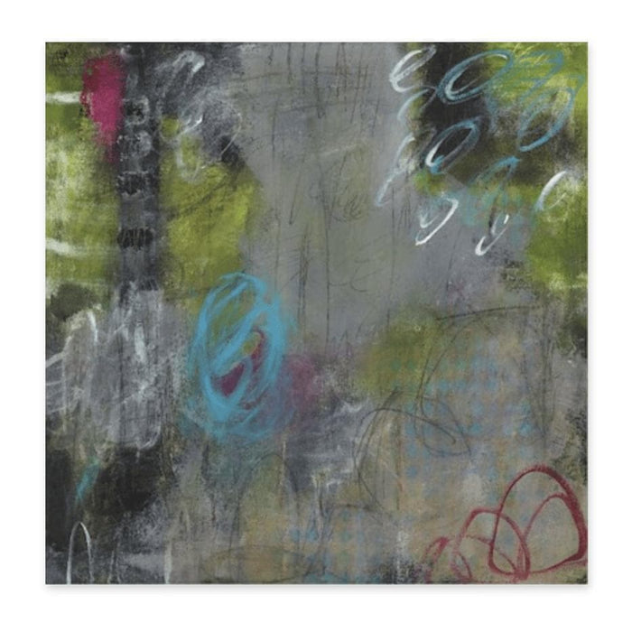 Abstract giclee canvas painting, 40x40 inches, with green, gray, pink, and blue brushstrokes.