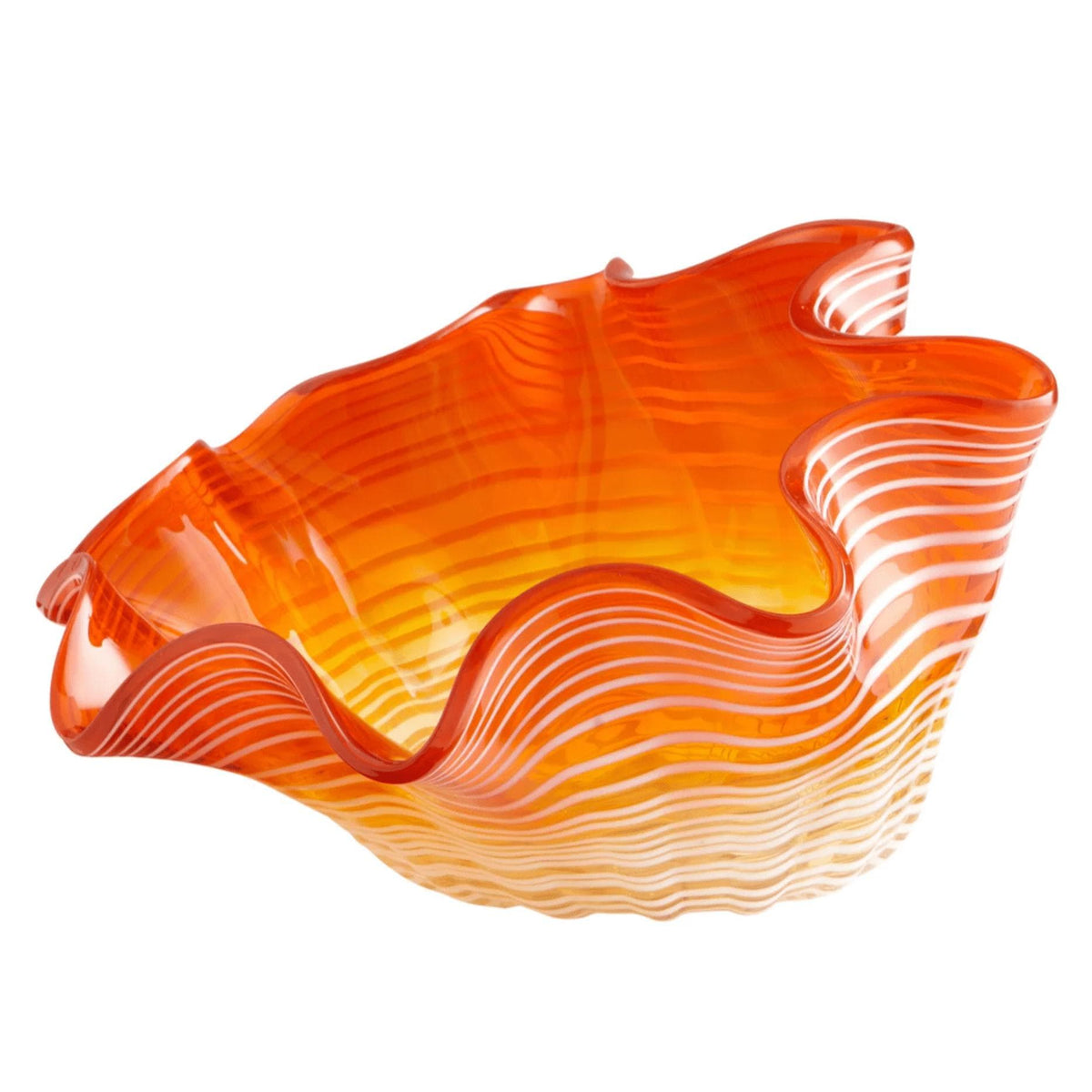 Artisan orange ombre decorative glass bowl with wavy edges and white stripes.