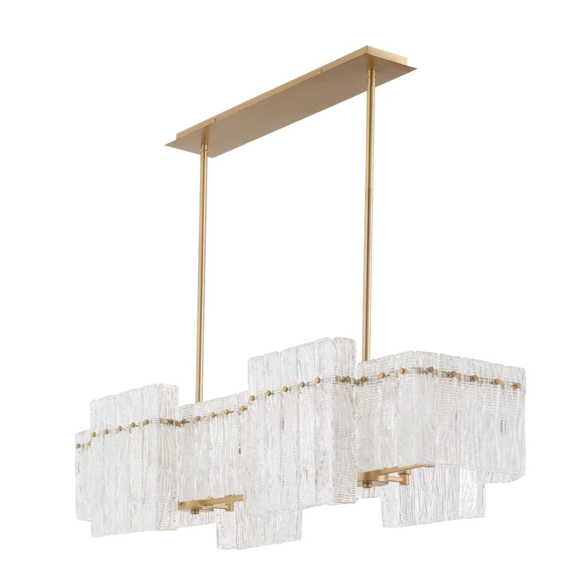Orinder 8-light aged brass linear chandelier with hand-pressed textured glass panels, 12"H x 47"L.