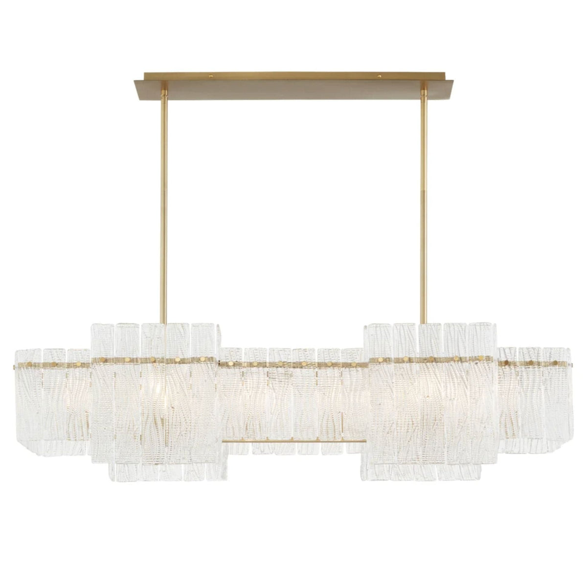 Orinder 8-light aged brass linear chandelier with hand-pressed textured and clear glass panels, 47"L.