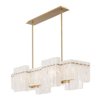 Orinder 8-light aged brass linear chandelier with hand-pressed textured glass panels and clear glass pieces.