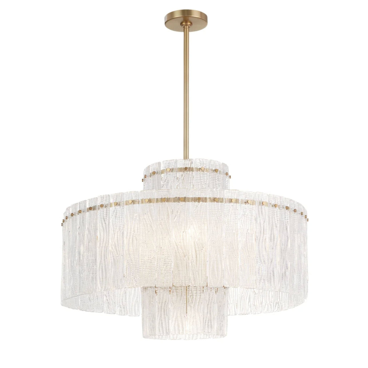 Orinder 9-light aged brass chandelier with hand-pressed textured glass panels and clear glass pieces.