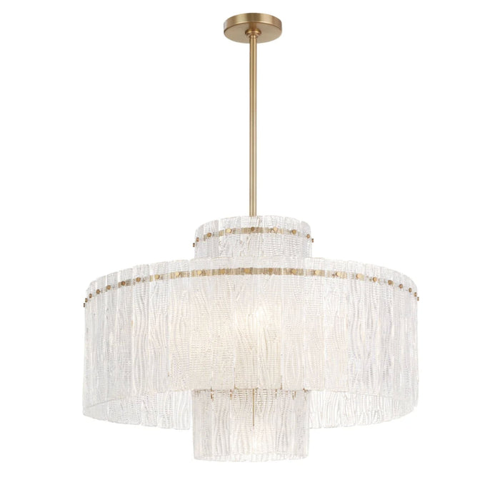 Orinder 9-light aged brass chandelier with hand-pressed textured glass panels and clear glass pieces.