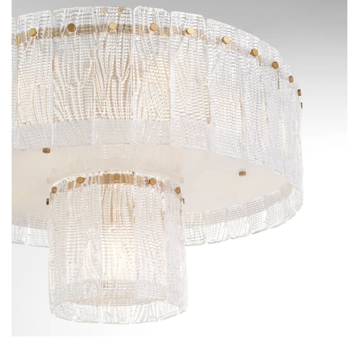 Orinder Aged Brass Semi-Flush Mount Light with hand-pressed textured clear glass panels and overlapping cylinder frames.