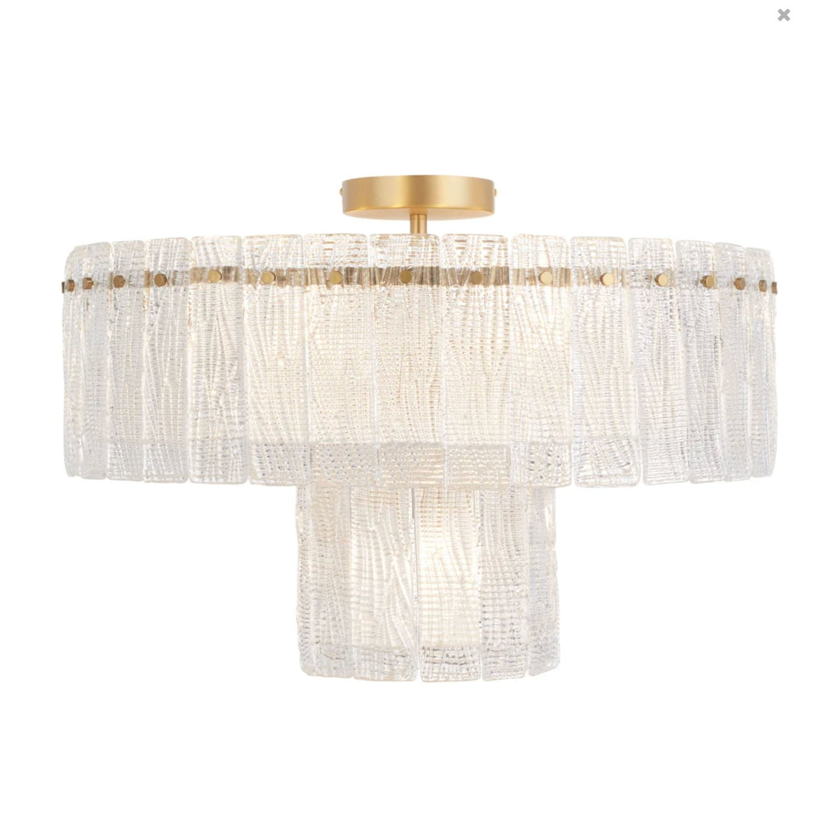 Orinder Aged Brass Semi-Flush Mount Light with two tiers of hand-pressed textured clear glass panels.
