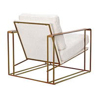 Oryan Off White Boucle & Leather Chair with brass industrial steel frame, back view.