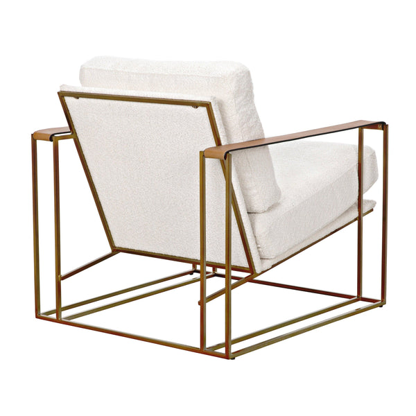 Oryan Off White Boucle & Leather Chair with brass industrial steel frame, back view.