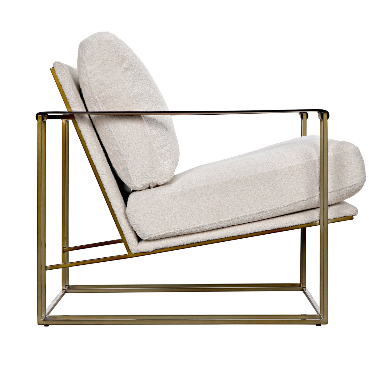 Oryan Off White Boucle & Leather Chair with brass industrial steel frame, modern design.