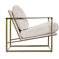 Oryan Off White Boucle & Leather Chair with brass industrial steel frame, modern design.