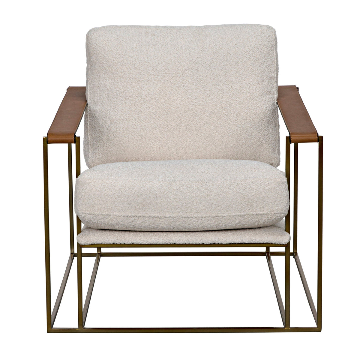 Oryan Off White Boucle & Leather Chair with brass industrial steel frame.