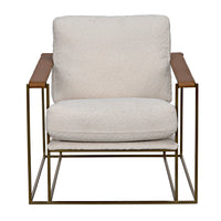 Oryan Off White Boucle & Leather Chair with brass industrial steel frame.