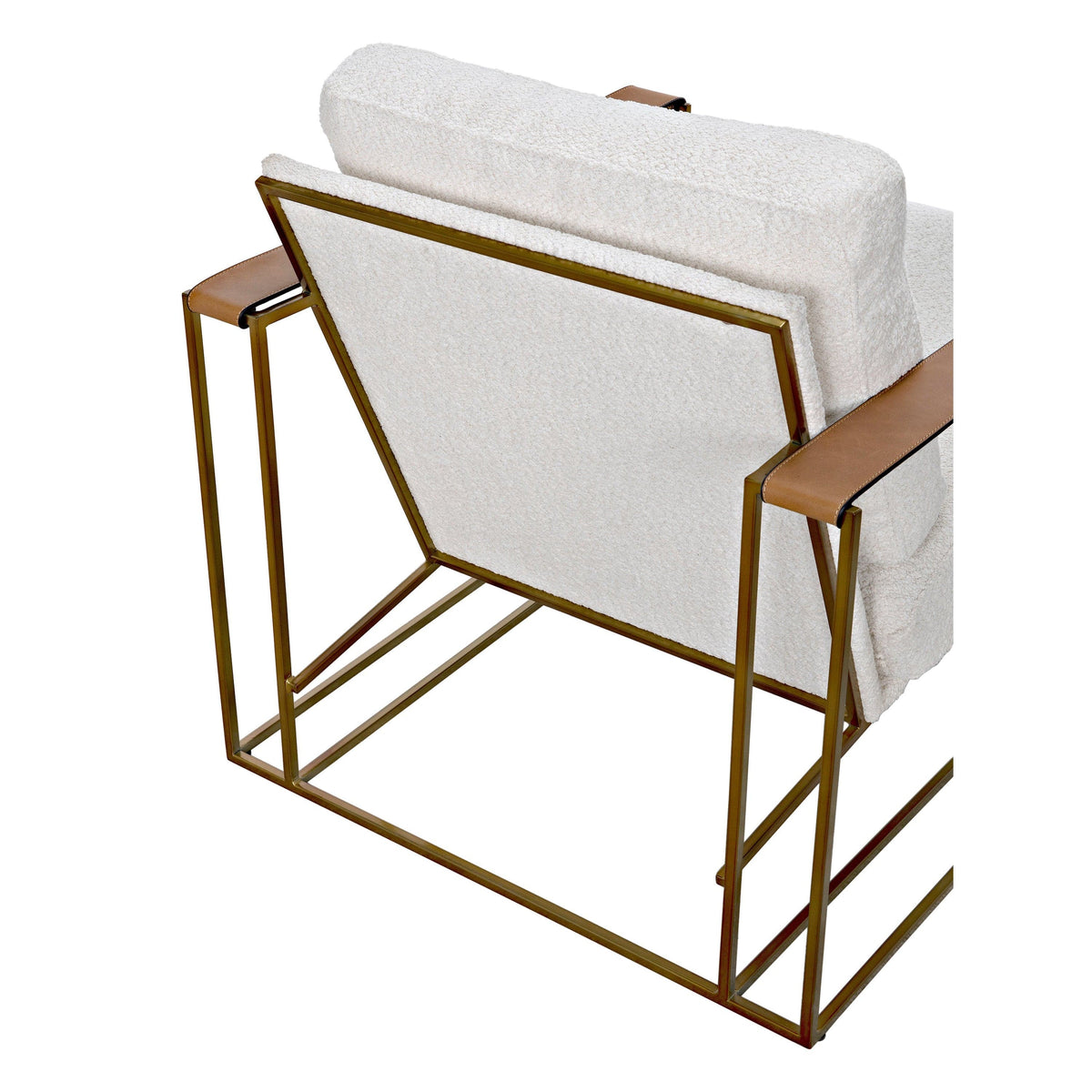 Oryan Off White Boucle & Leather Chair with brass industrial steel frame, modern design.