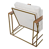 Oryan Off White Boucle & Leather Chair with brass industrial steel frame, modern design.