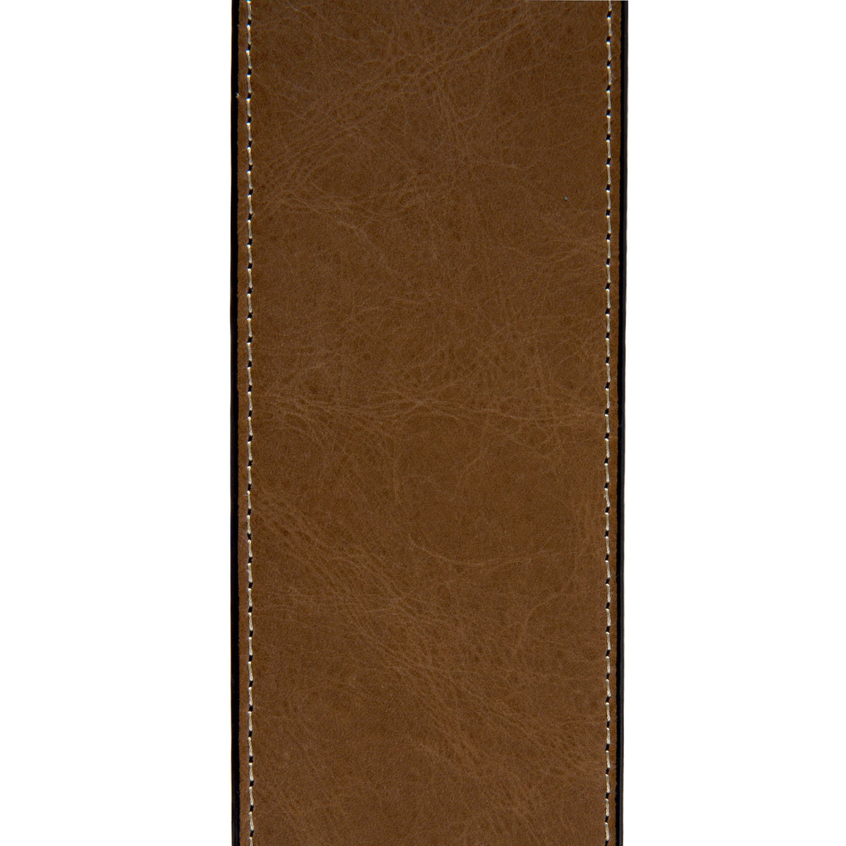Close-up of brown leather with white stitching, a detail from the Oryan chair.