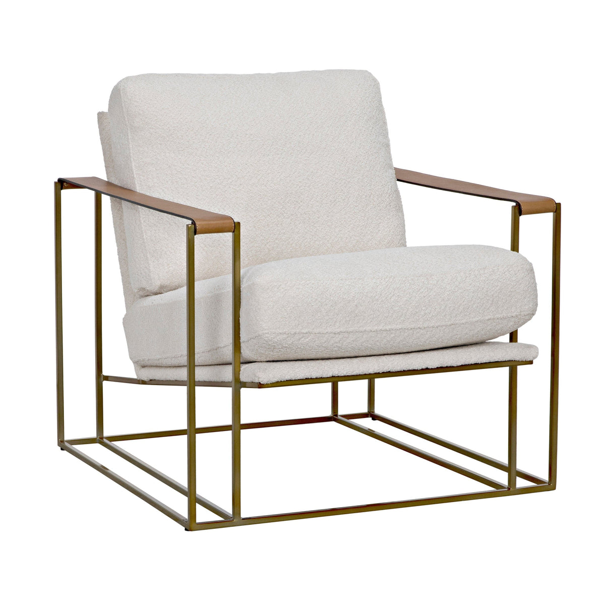 Oryan Off White Boucle & Leather Chair with brass industrial steel frame.