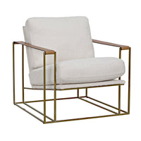 Oryan Off White Boucle & Leather Chair with brass industrial steel frame.