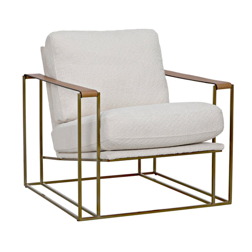 Oryan Off White Boucle & Leather Chair with brass industrial steel frame.