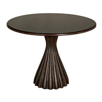 Osiris round black and mahogany dining table with contemporary fluted pedestal base.