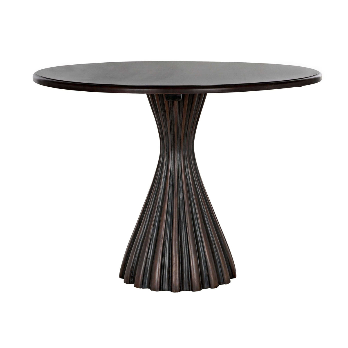 Osiris round black and mahogany dining table with a contemporary fluted pedestal base.