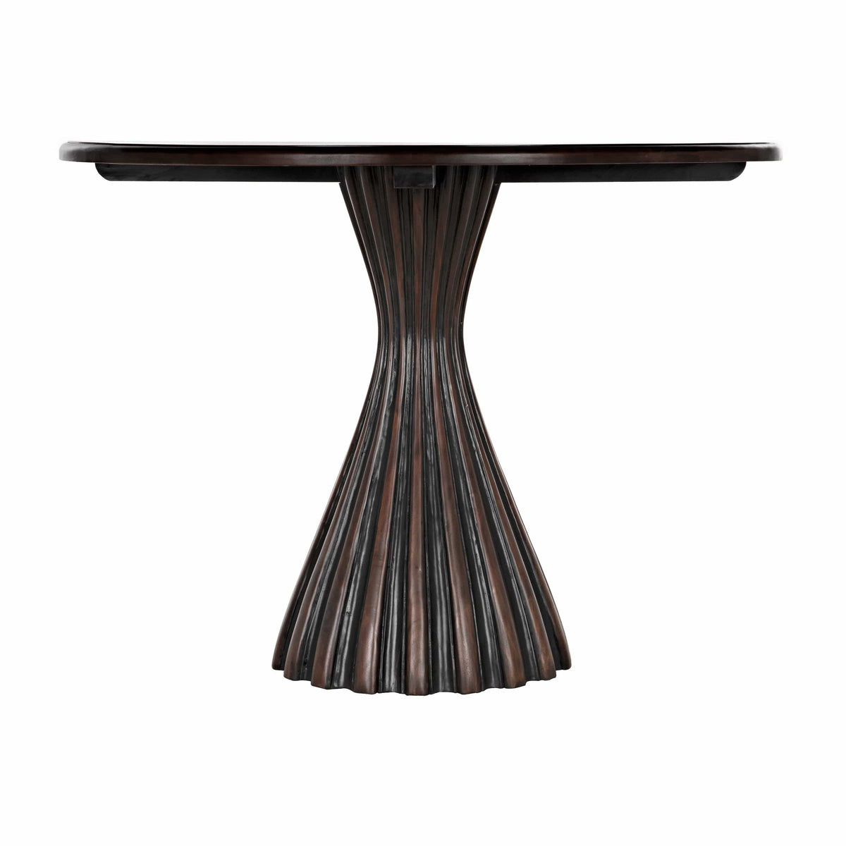 Osiris round black & mahogany dining table with a contemporary fluted pedestal base.