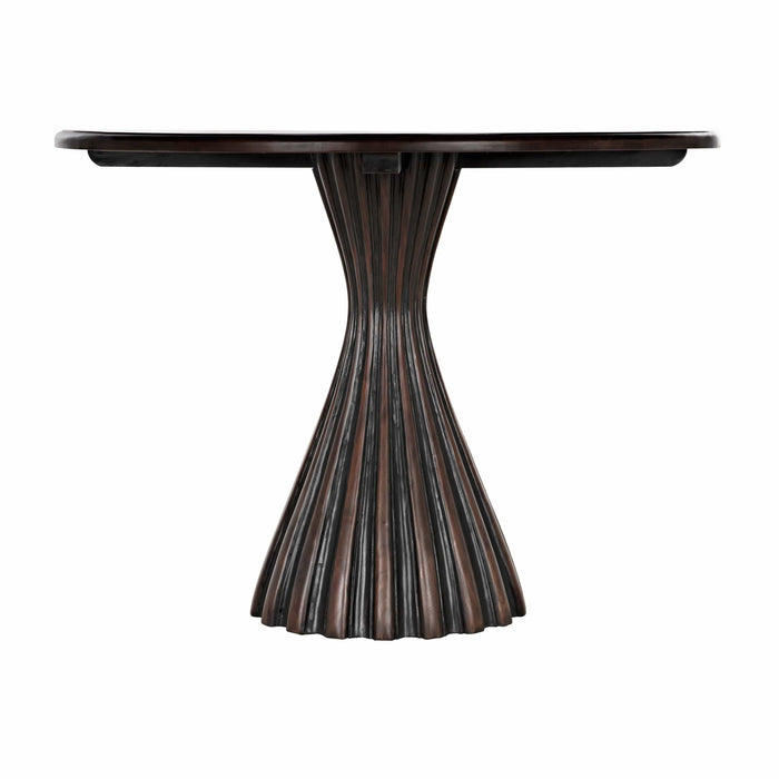 Osiris round black & mahogany dining table with a contemporary fluted pedestal base.