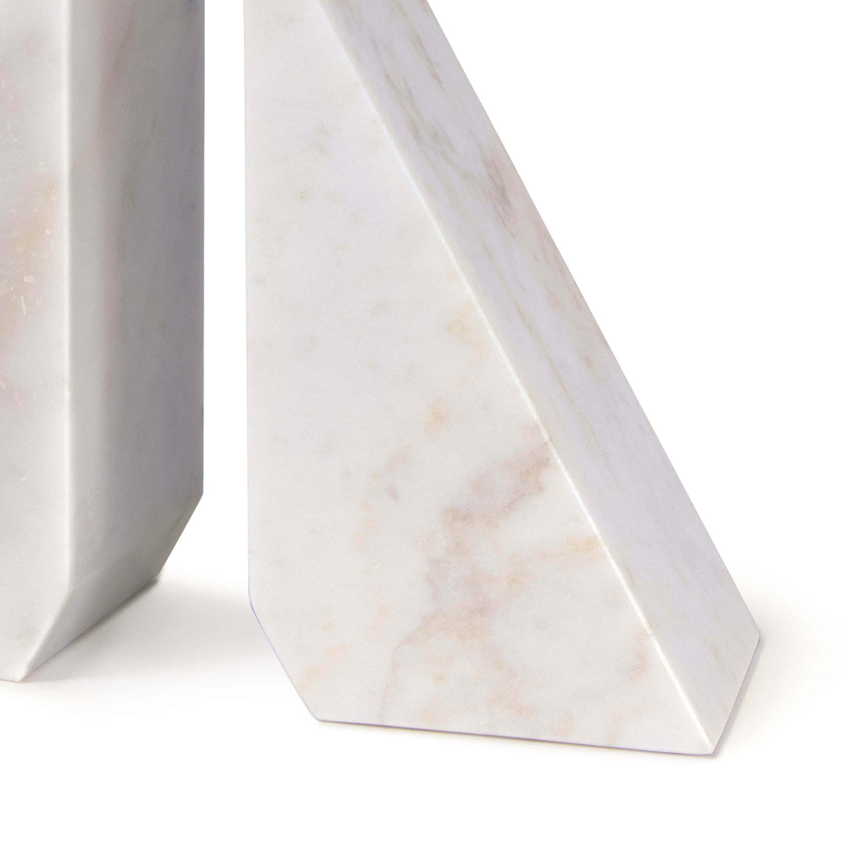 White Othello marble bookends with a sleek, modern, geometric design and subtle pink veining.
