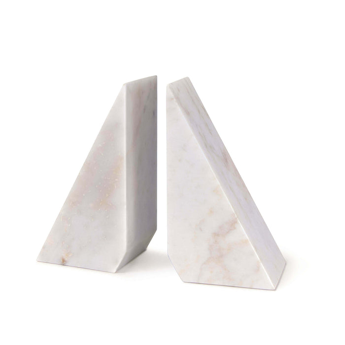 Pair of Othello white marble bookends with a sleek, modern triangular design.