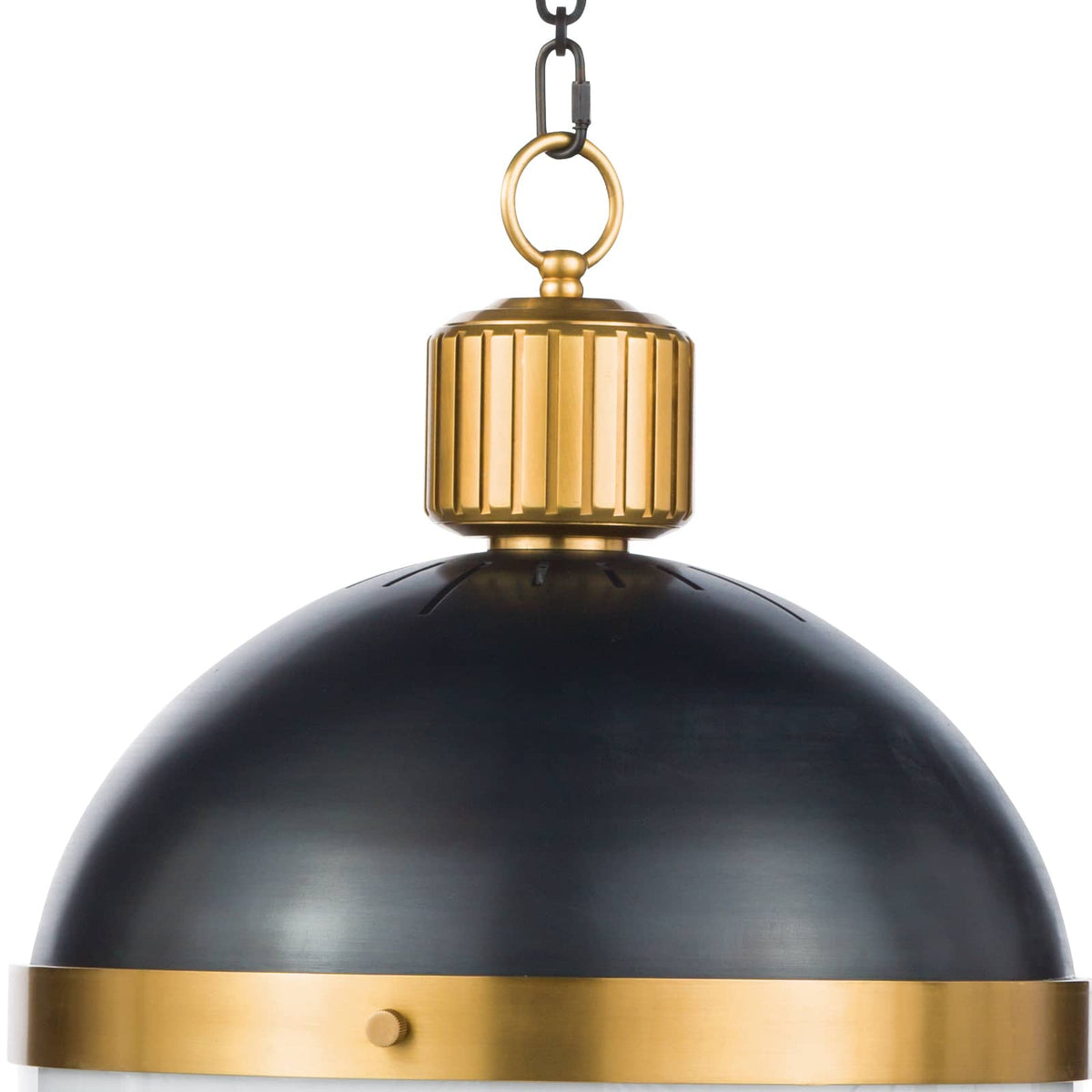Otis large blackened natural brass pendant light with a black dome shade and gold accents.