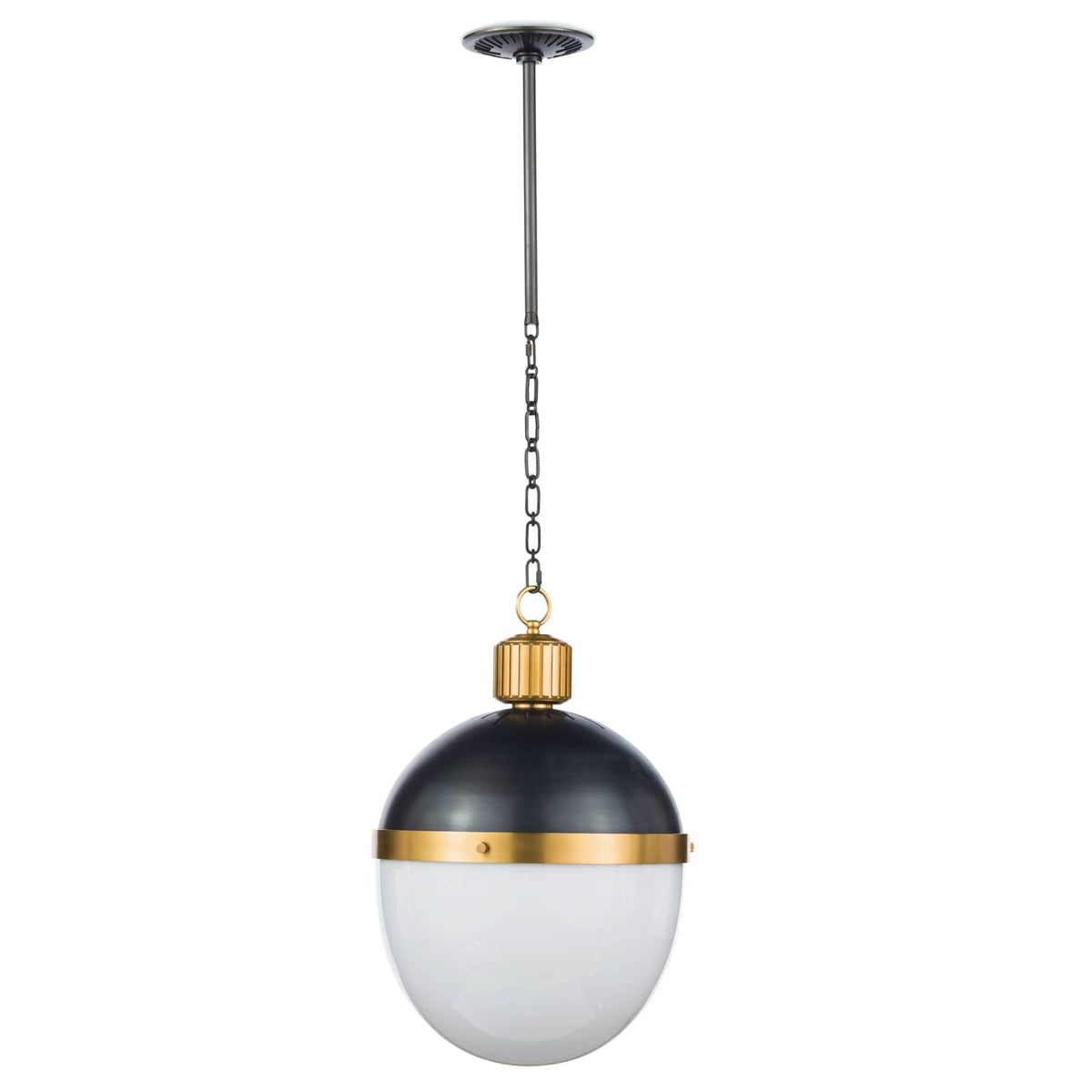 Otis Large Blackened Natural Brass Pendant with a bold black metal dome and translucent white milk glass globe.