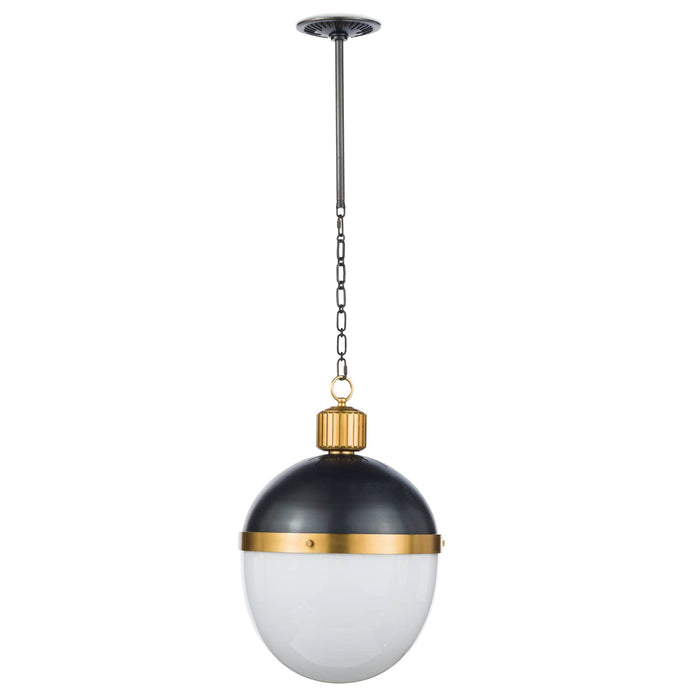 Otis Large Blackened Natural Brass Pendant with a bold black metal dome and translucent white milk glass globe.