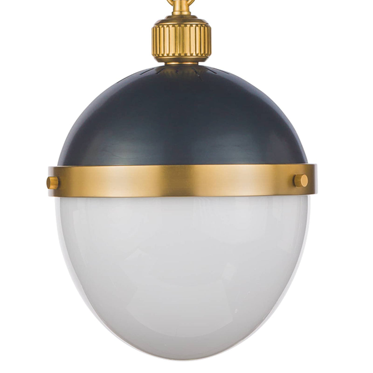 Otis pendant with a blackened brass dome, natural brass band, and white milk glass globe.